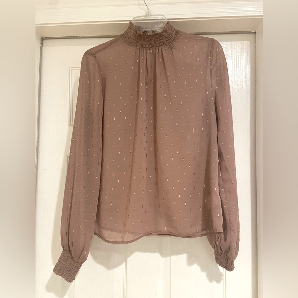 Tan/gold thread long sleeve chiffon top.